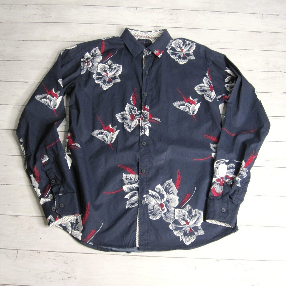Day & Age Men's Button Down Floral Dress Shirt Size L Long Sleeve Navy Tropical